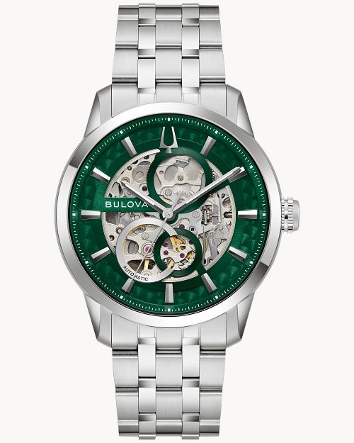 Bulova Skelettarmbanduhr für Herren, grünes Zifferblatt, Metallarmband