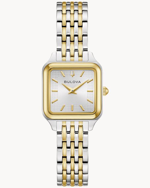 Bulova Damenuhr mit rechteckigem bicolor Gehäuse, weißem Zifferblatt und Metallarmband