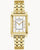 Bulova Damenarmbanduhr mit rechteckigem Gehäuse, weißem Zifferblatt und goldfarbenem Metallarmband