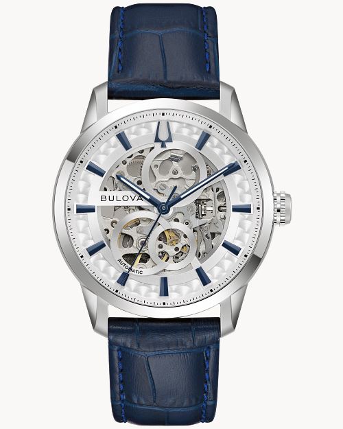 Bulova Herrenuhr mit silbernem Gehäuse, blauem Lederband und offenem Automatik-Design