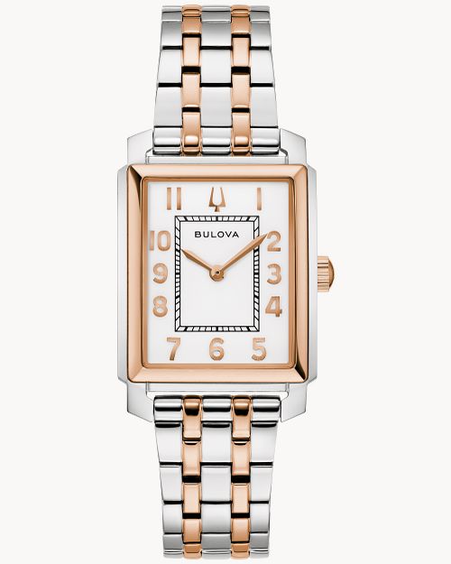 Bulova Damenarmbanduhr mit bicolor Edelstahlband und rechteckigem weißem Zifferblatt