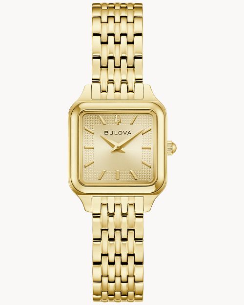 Damenuhr mit rechteckigem Champagnerzifferblatt und vergoldetem Metallarmband, Quarzwerk