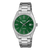 Casio Armbanduhr mit grünem Zifferblatt und Datumsfenster bei 3, Metallarmband