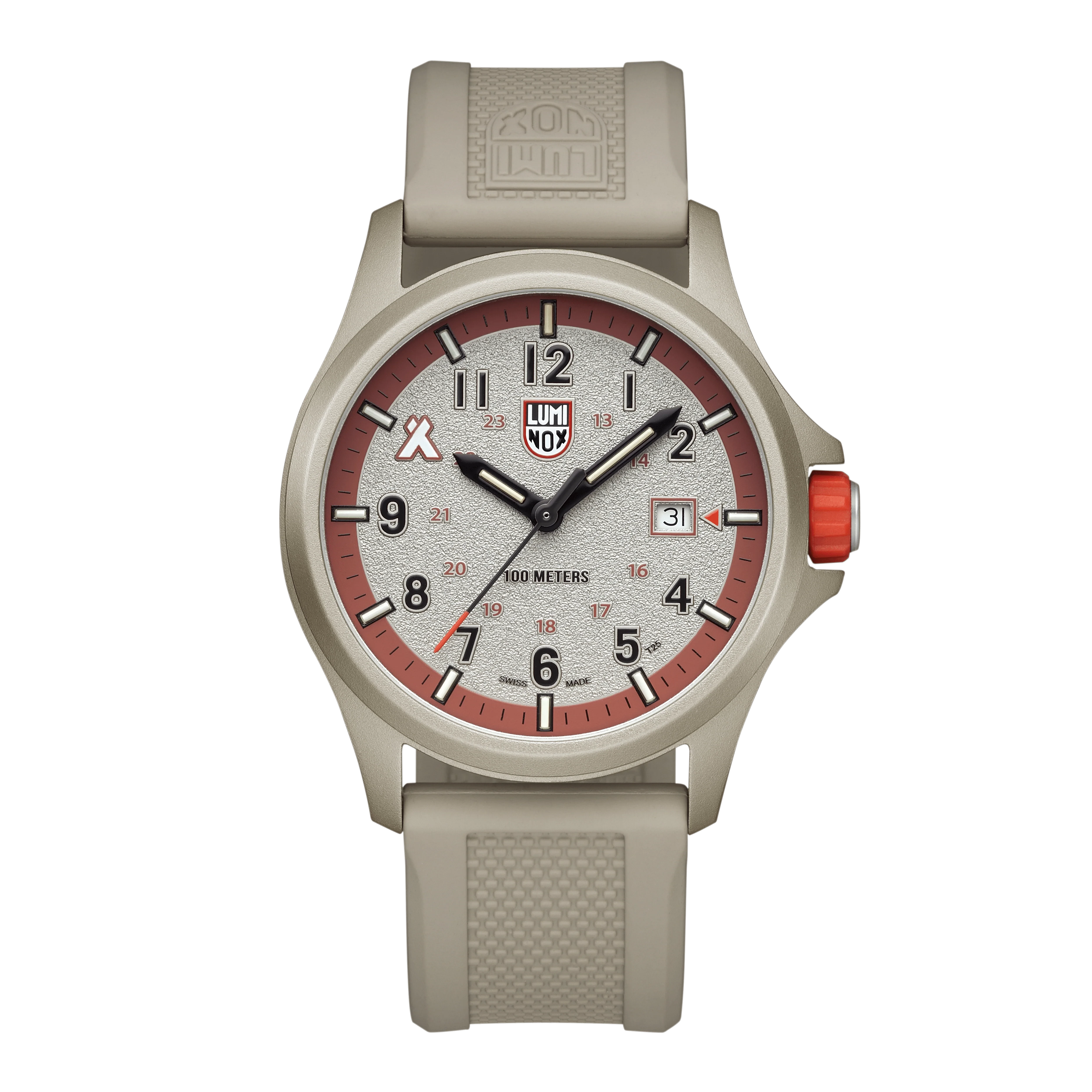 Luminox herrklocka Bear Grylls med beige boett, orange urtavla och gummiarmband