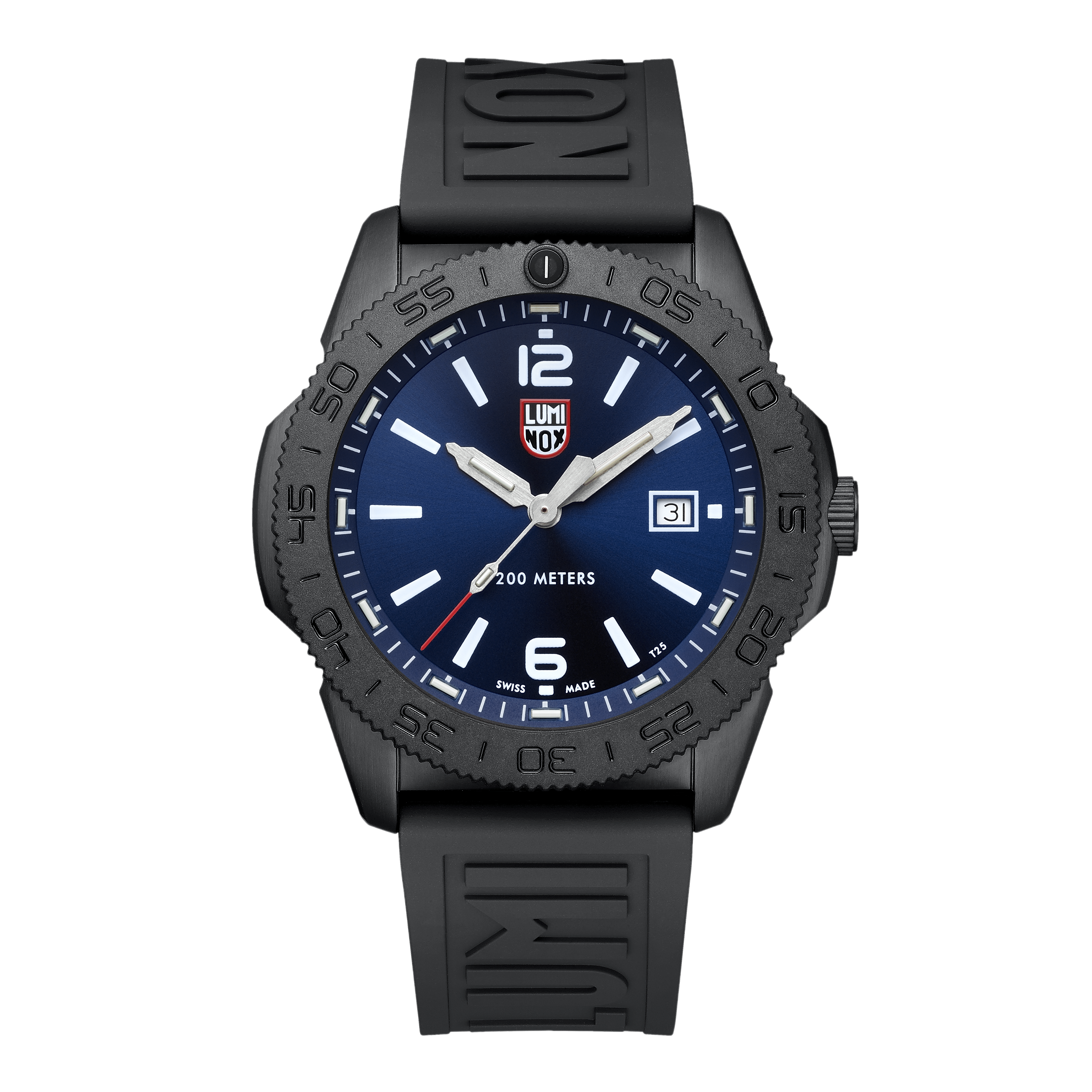 Svart herrklocka med blå urtavla, Luminox-logotyp, svart silikonband