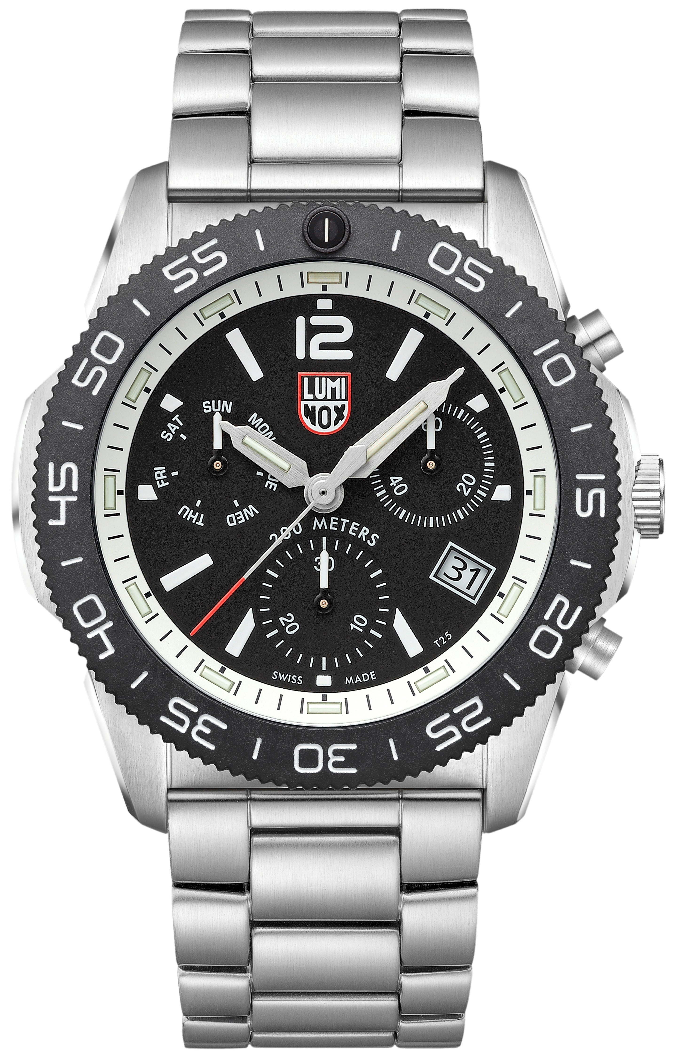 Herrarnas kronograf med silverfärgat hölje och armband, svart urtavla och tachymeter-ring