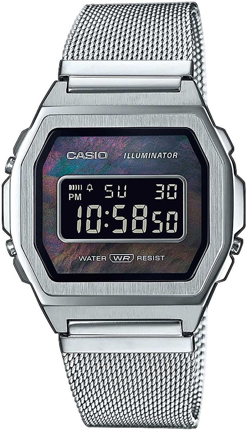 Herrarnas digitala klocka med silverfärgat mesh-armband och rektangulär LCD-display
