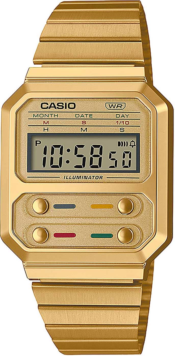 Retroklocka med guldfärgat armband i rostfritt stål, digital display, knappmanövrerad