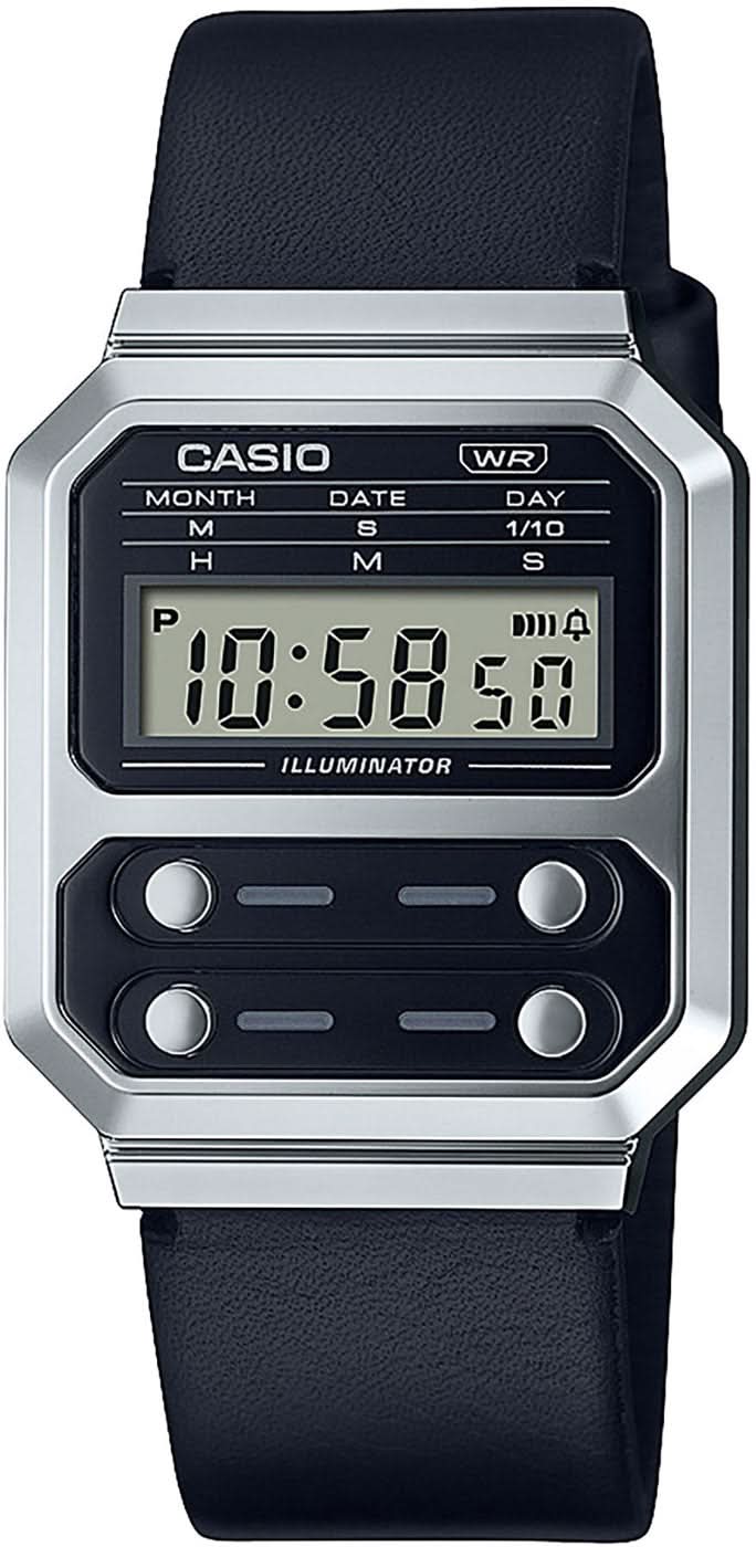 Retroarmbandsur med svart läderarmband, silverfärgat hölje och LCD-display
