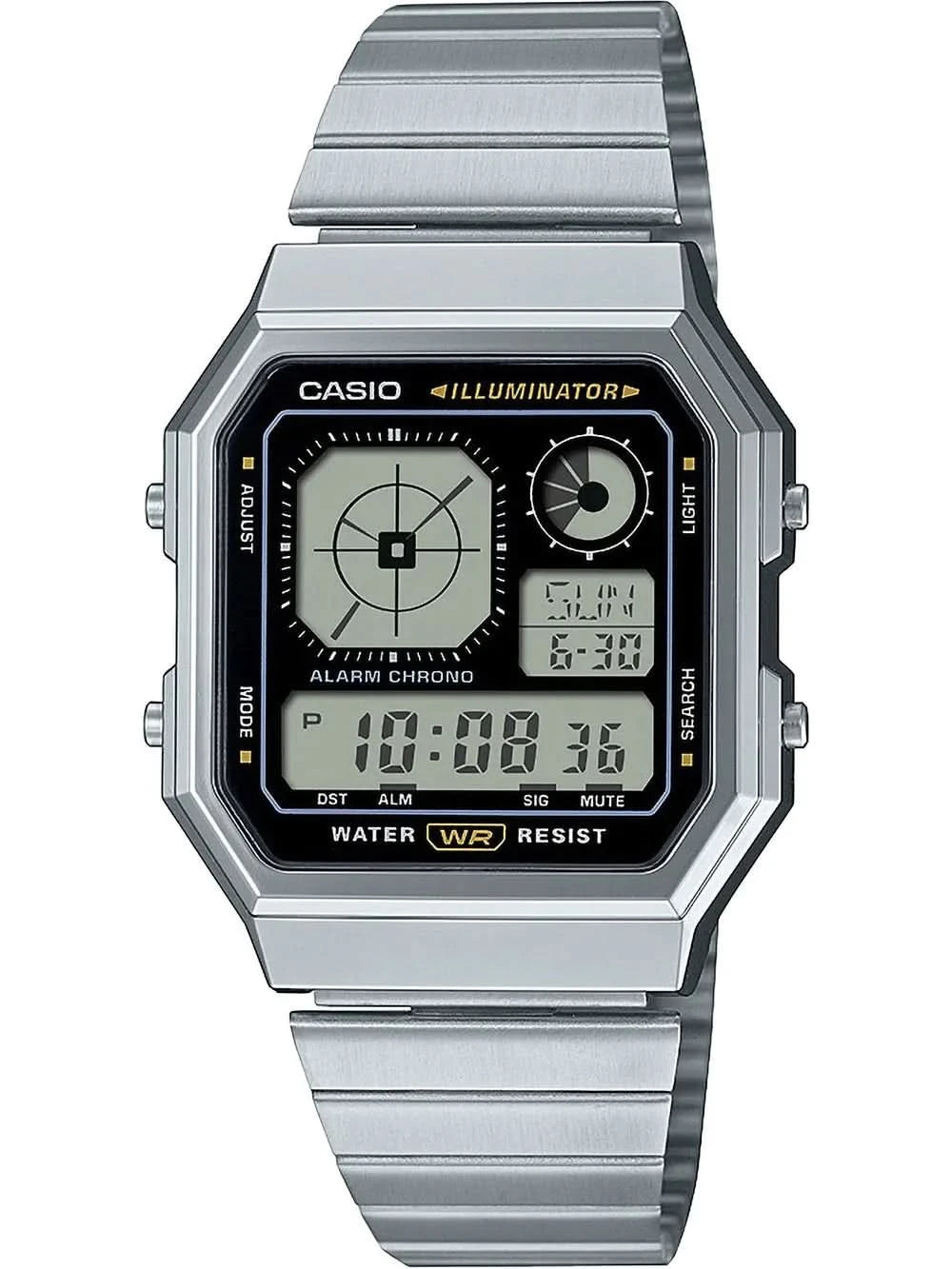 Casio Vintage A130WE-1AEF herrarmbandsur med silverfärgat metallband och svart digital display