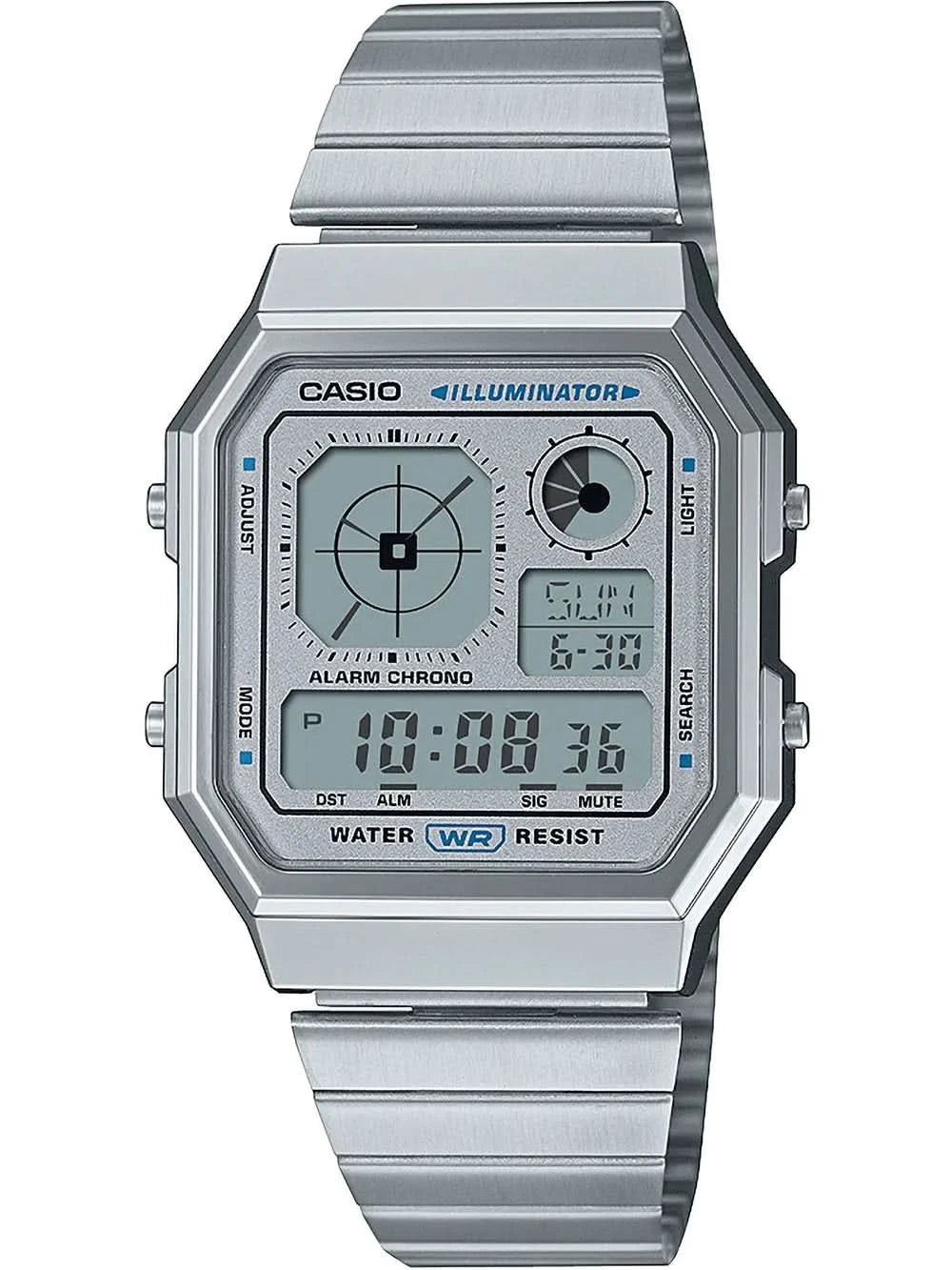 Casio Vintage-klocka med silverfärgat metallarmband och digital urtavla, blå markering