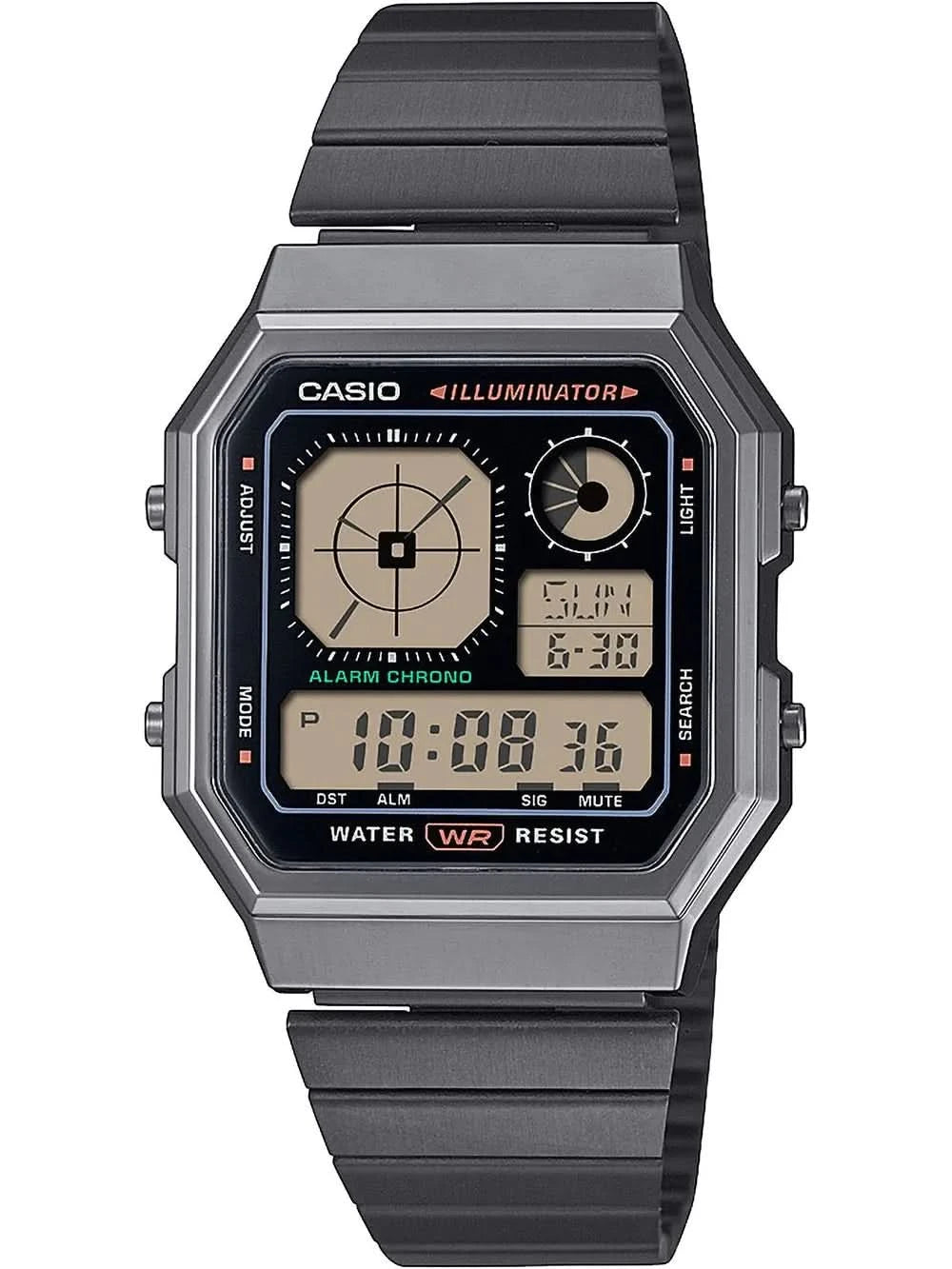 Casio Vintage-klocka med åttakantigt hölje i gunmetall, svart metallarmband och digital display.