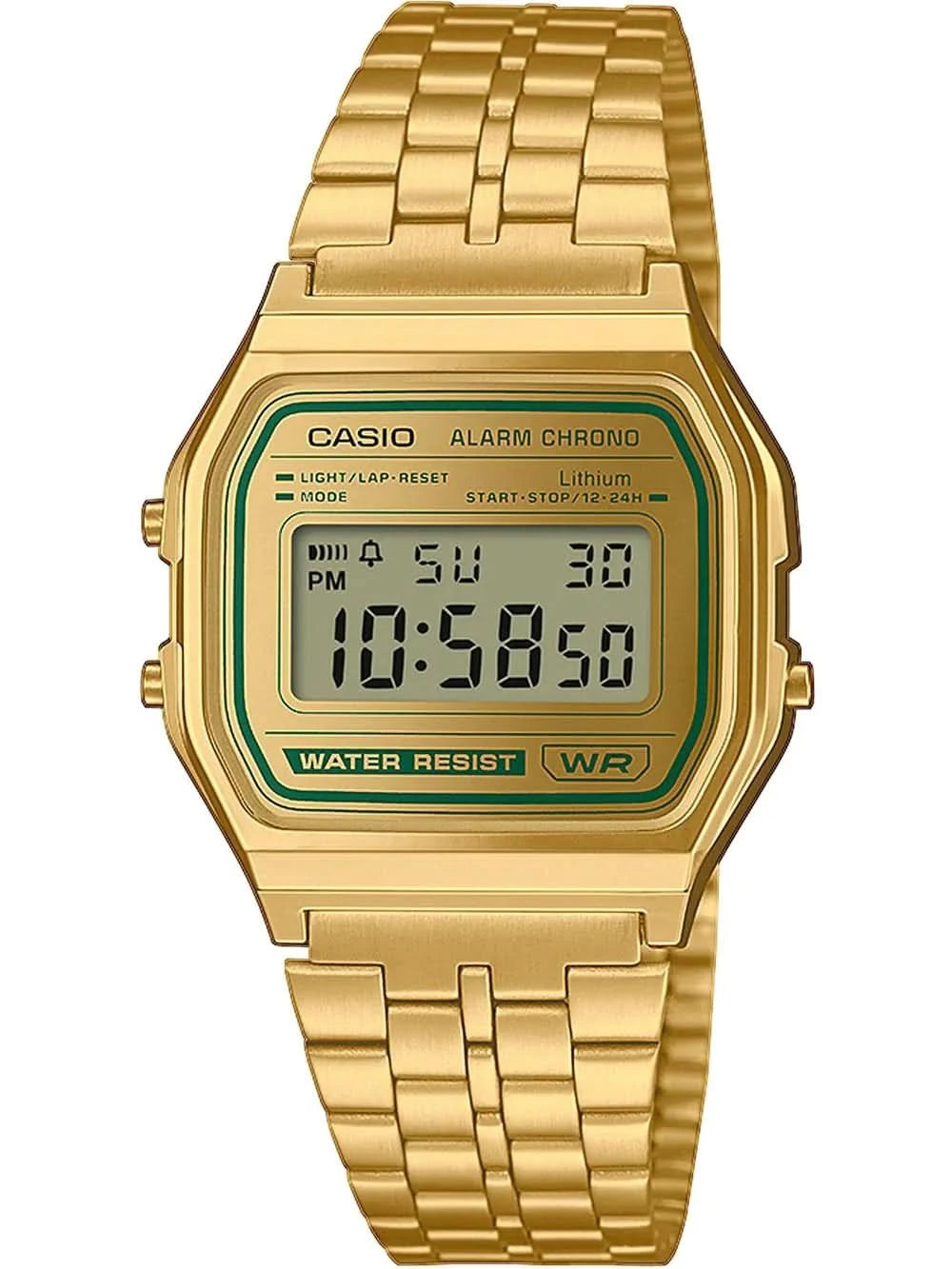 Casio Vintage digital klocka med guldfärgat metallarmband, rektangulär LCD-display och datumvisning.