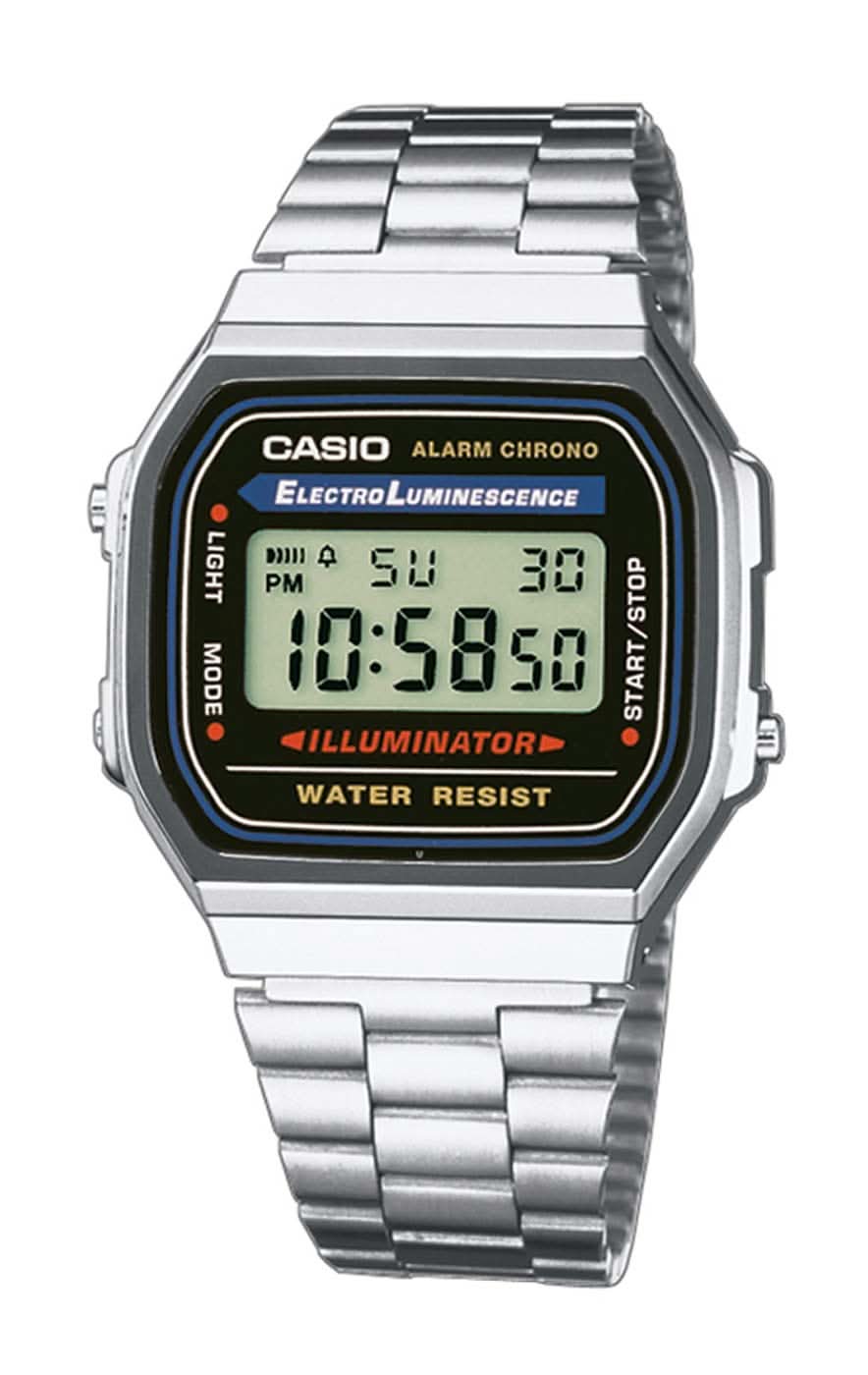Casio Vintage digital klocka med armband i rostfritt stål och svart urtavla, kronograf/larm, blå logotyp