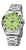 Silverfärgad herrklocka med rund limegrön urtavla och metallarmband, datumvisning vid kl. 3