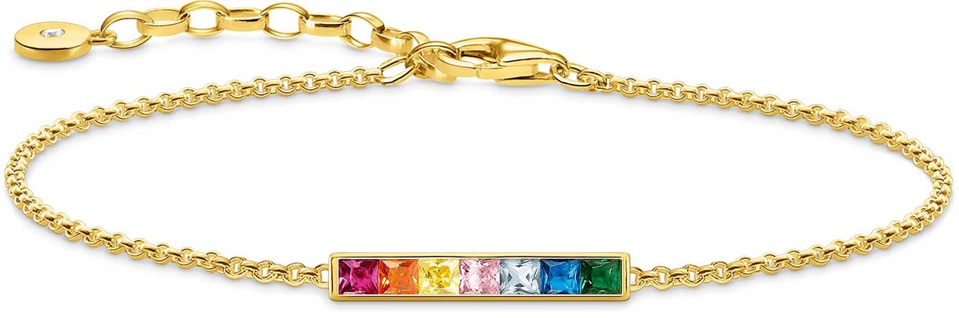 Armband med guldfärgad kedja och färgglada stenar, rektangulärt stenelement