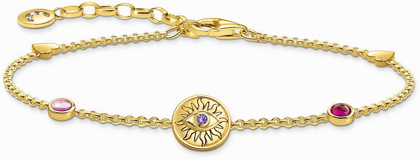 Armband med guldfärgade länkar, runt hänge med blått motiv och rosa stenar