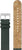 Armbandsur med grönt textilarmband och brun korkläderdetalj, spänne och öglor synliga