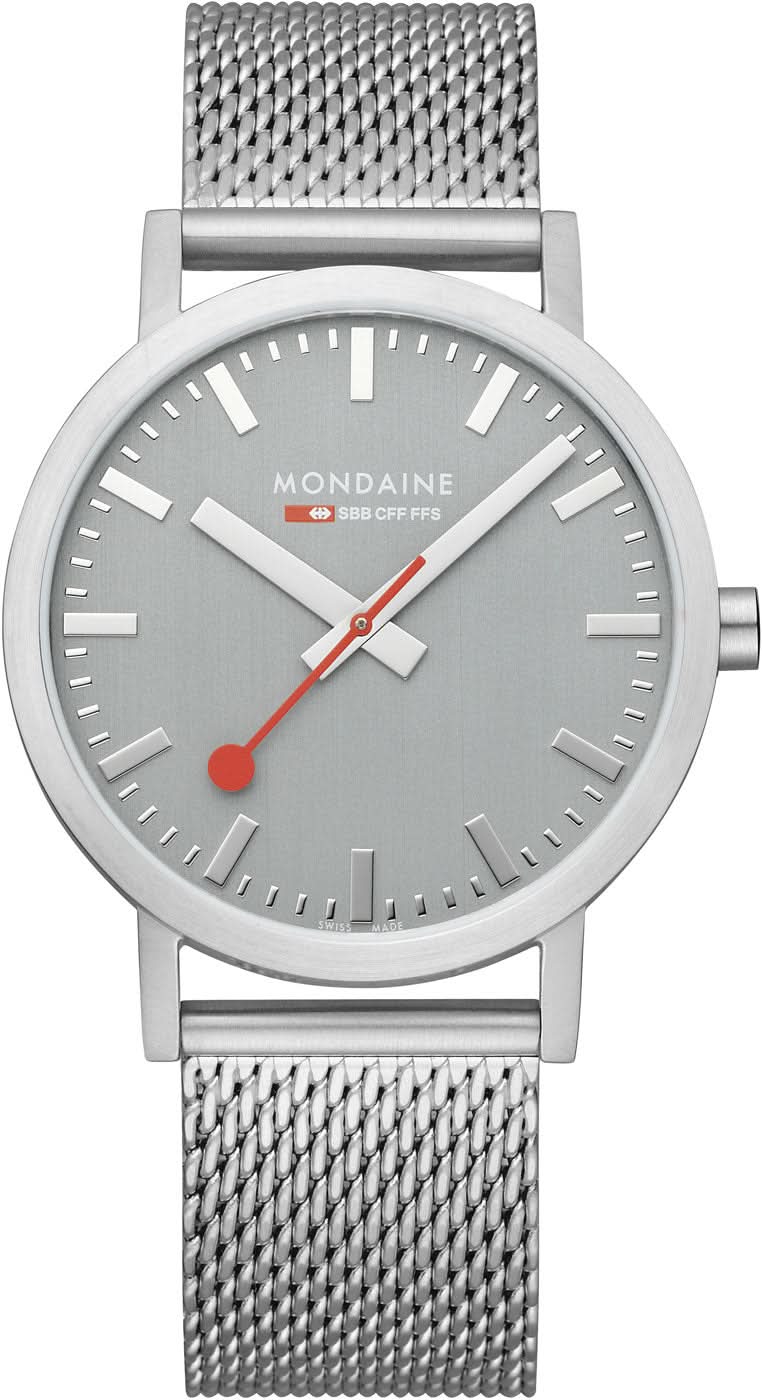 Mondaine herrklocka med silverfärgat mesh-armband och grå urtavla, röd sekundvisare.
