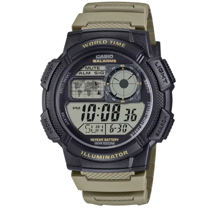 Casio Digitaluhr mit schwarzem Gehäuse, beigem Armband und LED-Display