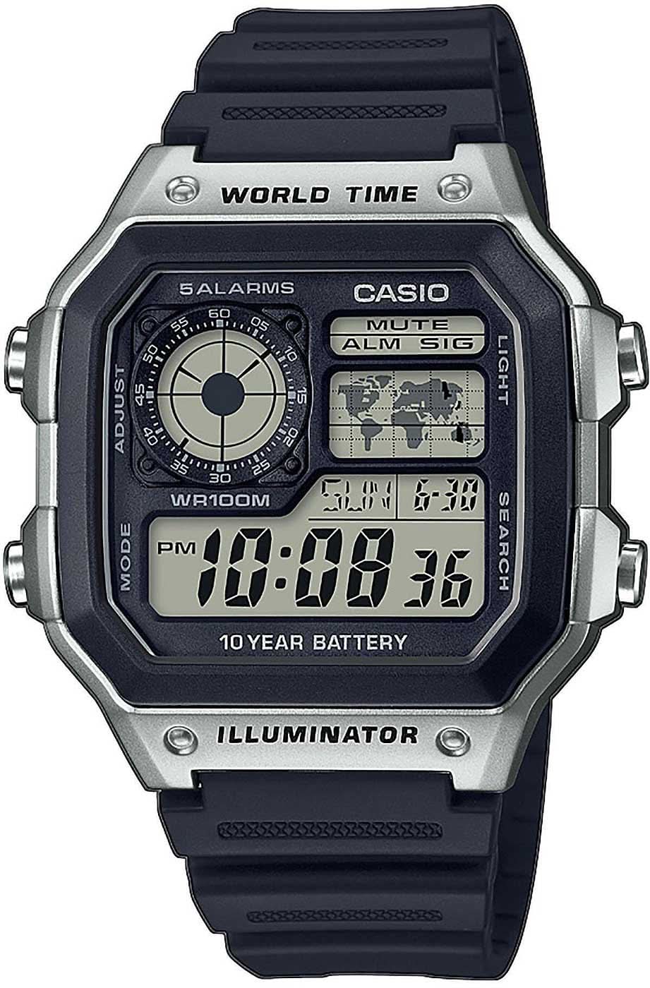 Casio herrklocka med mörk urtavla, silverfärgat boett och digital världstidsvisning