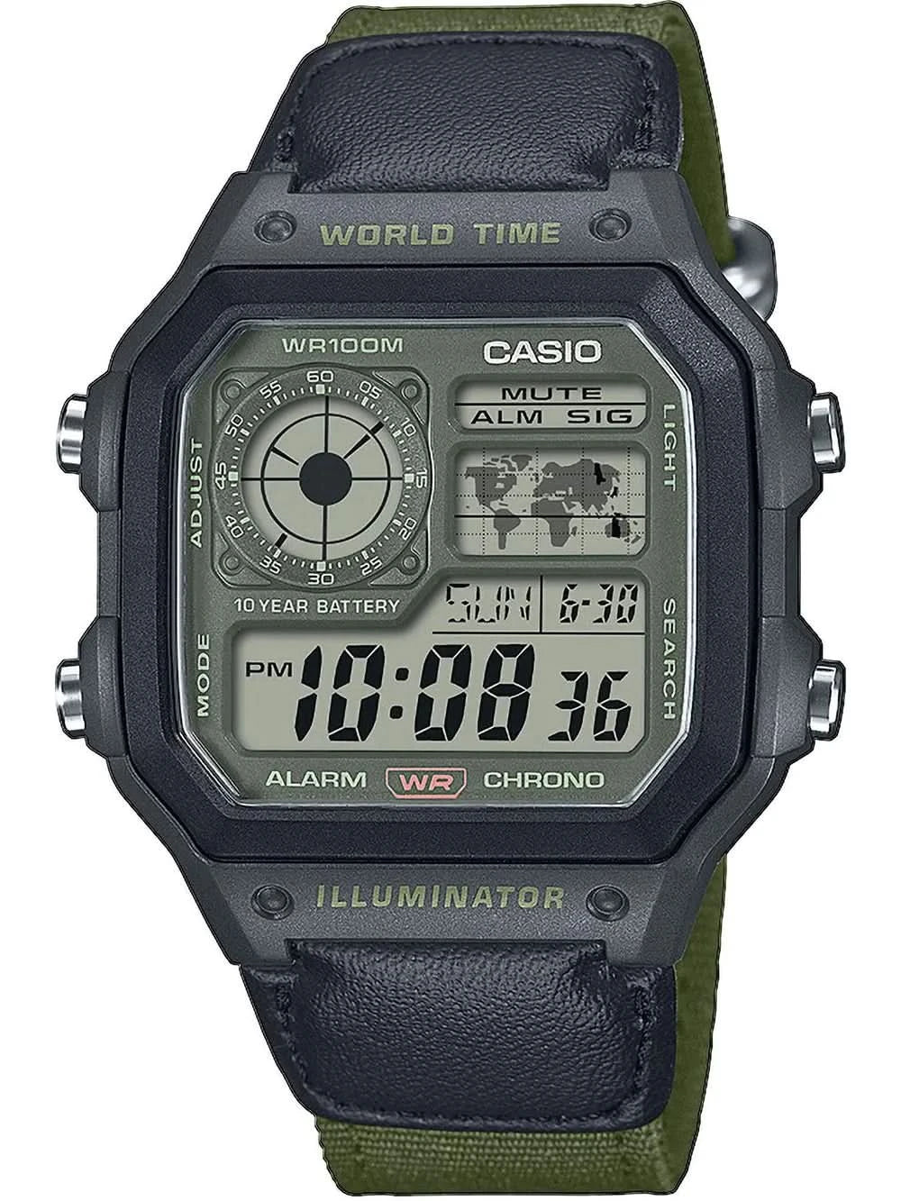 Casio herrklocka med rund boett, digital display och mörkgrönt läderband.