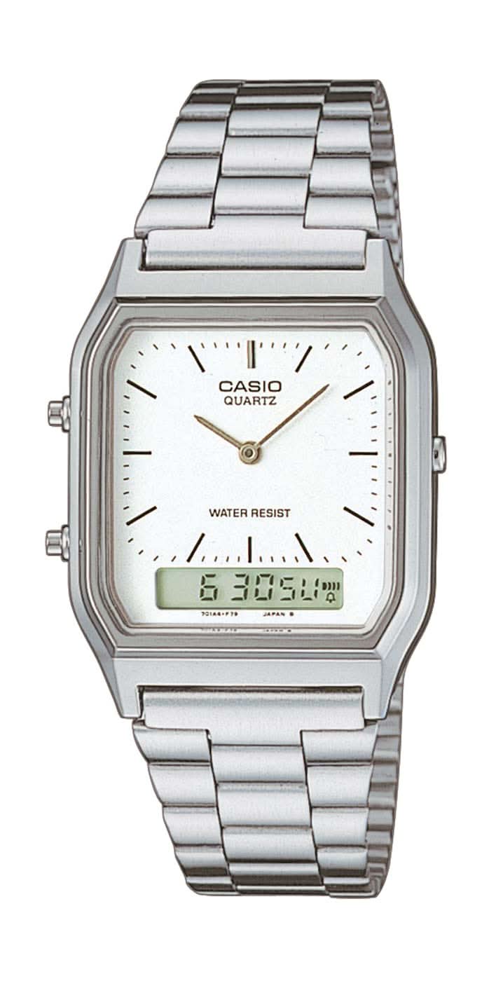 Casio Vintage-armbandsur med silverfärgat metallarmband och vit urtavla, analogt och digitalt