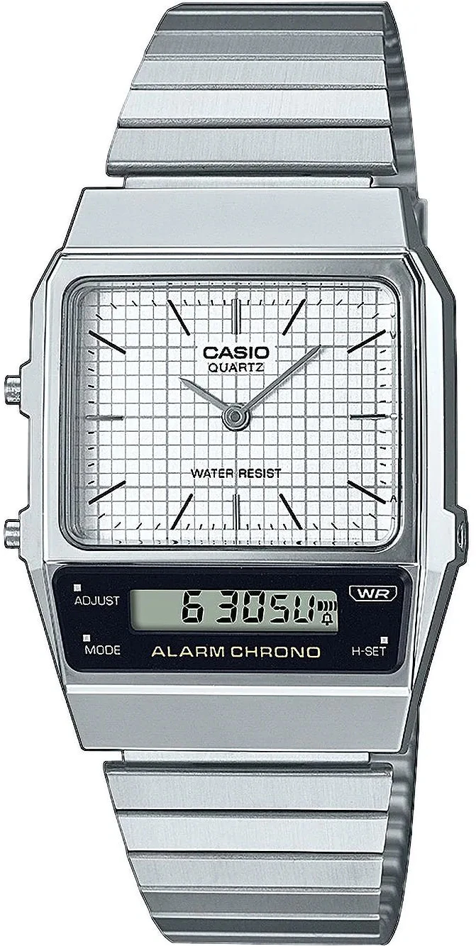 Casio Vintage-klocka med silverfärgat metallband, rektangulär urtavla och digital display