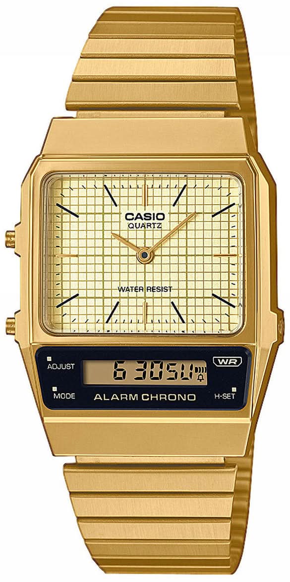 Casio-klocka med guldfärgat metallarmband, analog urtavla och digital display