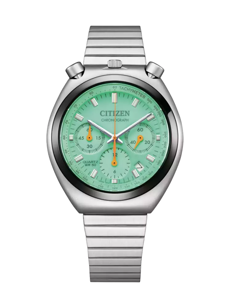 Citizen Chronographen-Armbanduhr mit grünem Zifferblatt und Edelstahlband