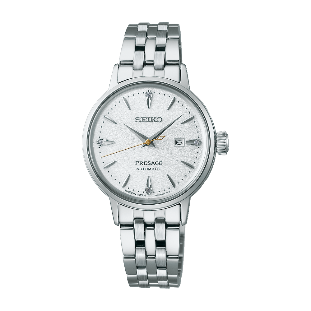 "Seiko Presage damklocka med silverfärgat Milanese-armband och vit urtavla"