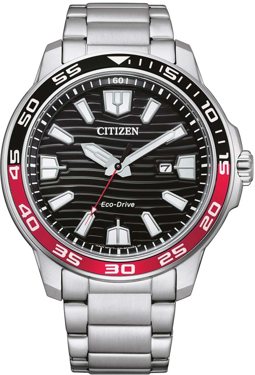 Citizen Eco-Drive armbandsur i rostfritt stål med svart urtavla och röda detaljer