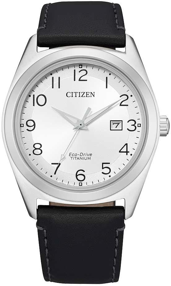 Armbandsur: silverfärgat hölje, svart läderband, urtavla med CITIZEN