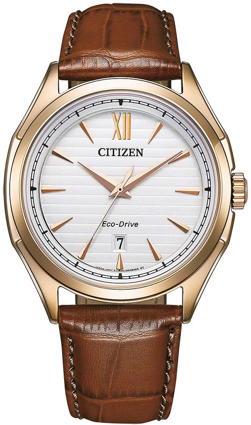 Citizen herrklocka med brunt läderarmband, vit urtavla och guldfärgat hölje
