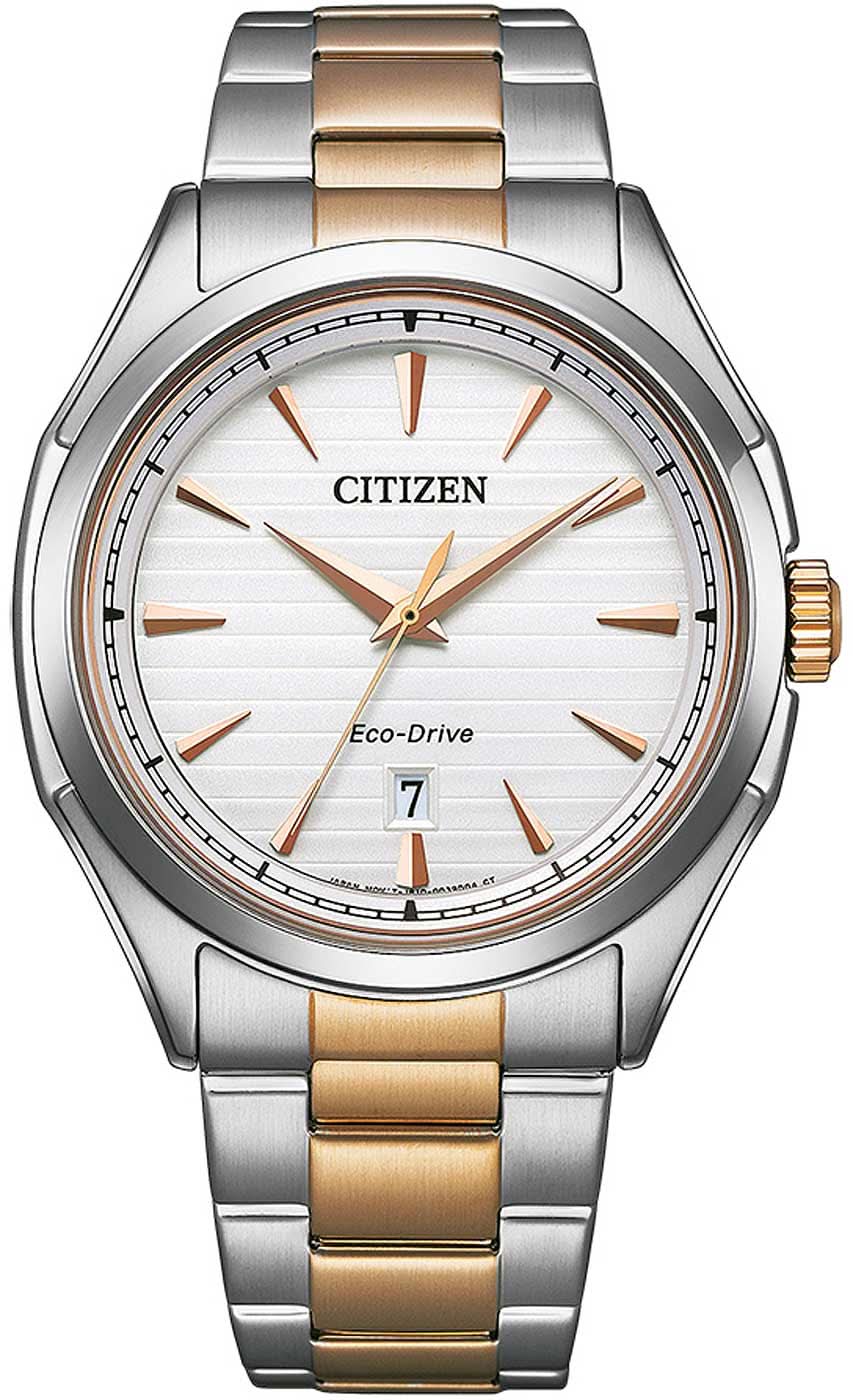 Citizen klocka med vit urtavla, tvåfärgat metallarmband och viklås