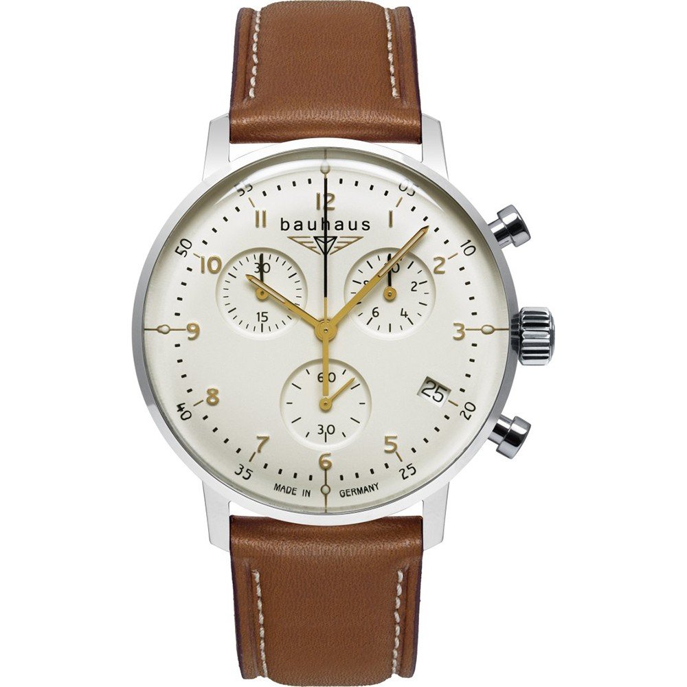 Herren-Armbanduhr Bauhaus: weißes Chronograph-Zifferblatt, braunes Lederband, Drücker