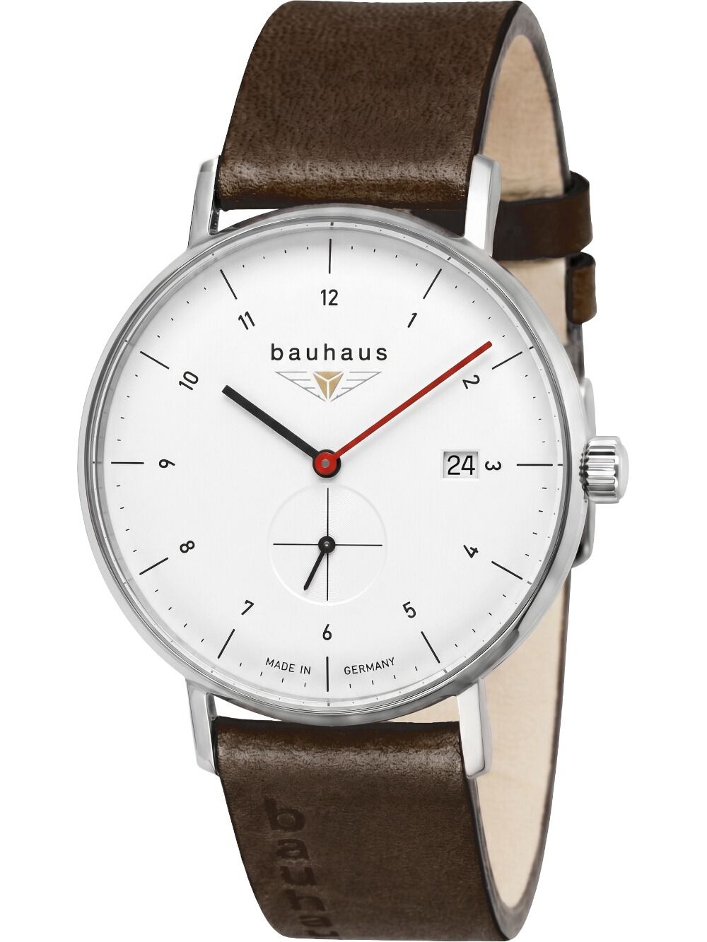 Herrenuhr mit weißem Zifferblatt und braunem Lederband, bauhaus, Quarz