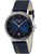 Damenarmbanduhr mit blauem Zifferblatt, Metallgehäuse und dunklem Lederarmband