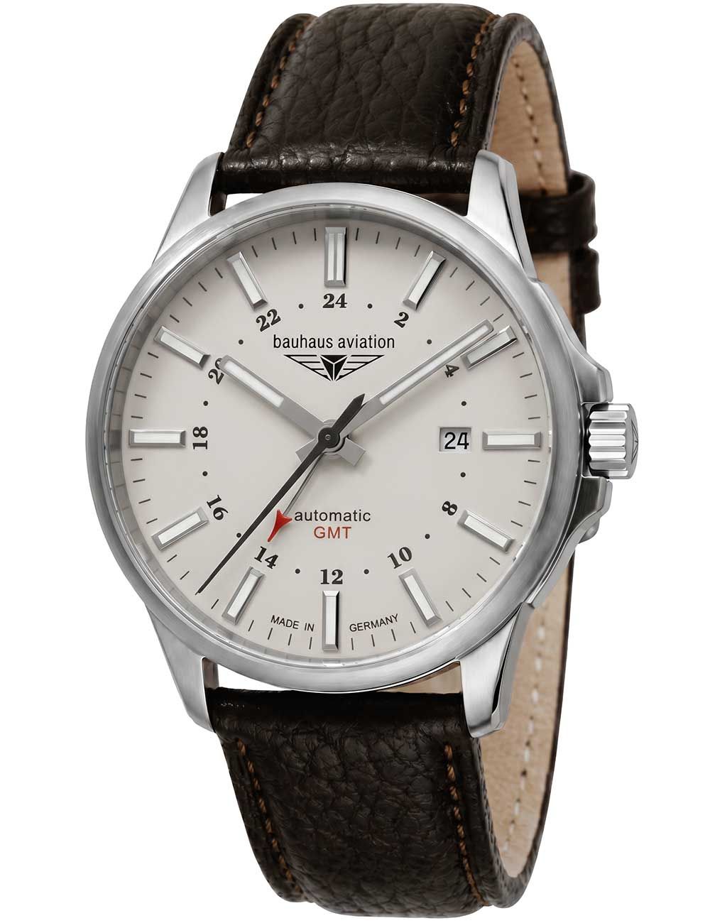 Herrenuhr mit schwarzem Lederarmband, silbernem Gehäuse, Automatik und GMT-Zifferblatt