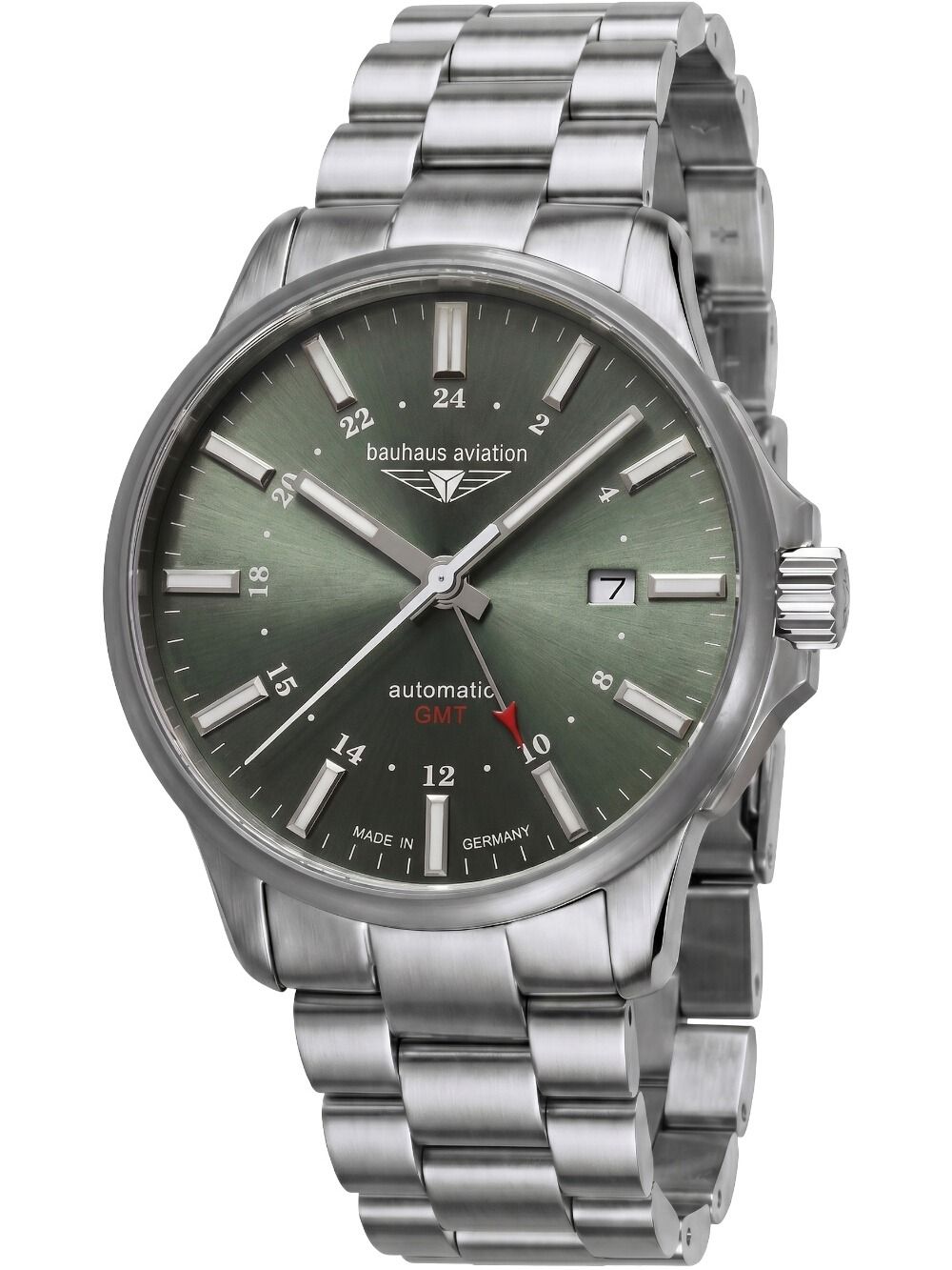 Herrenuhr mit dunkelgrünem Zifferblatt, GMT-Anzeige und Automatik, Edelstahlarmband
