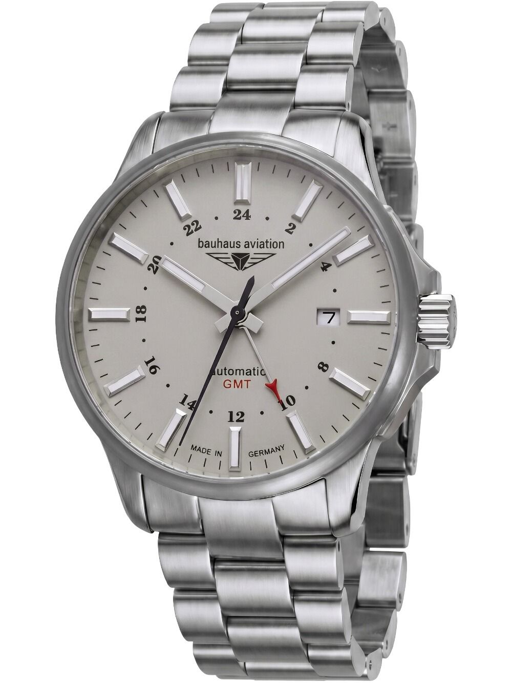 Herren-Automatik-Armbanduhr: Titan-GMT, silbernes Zifferblatt, Edelstahlband