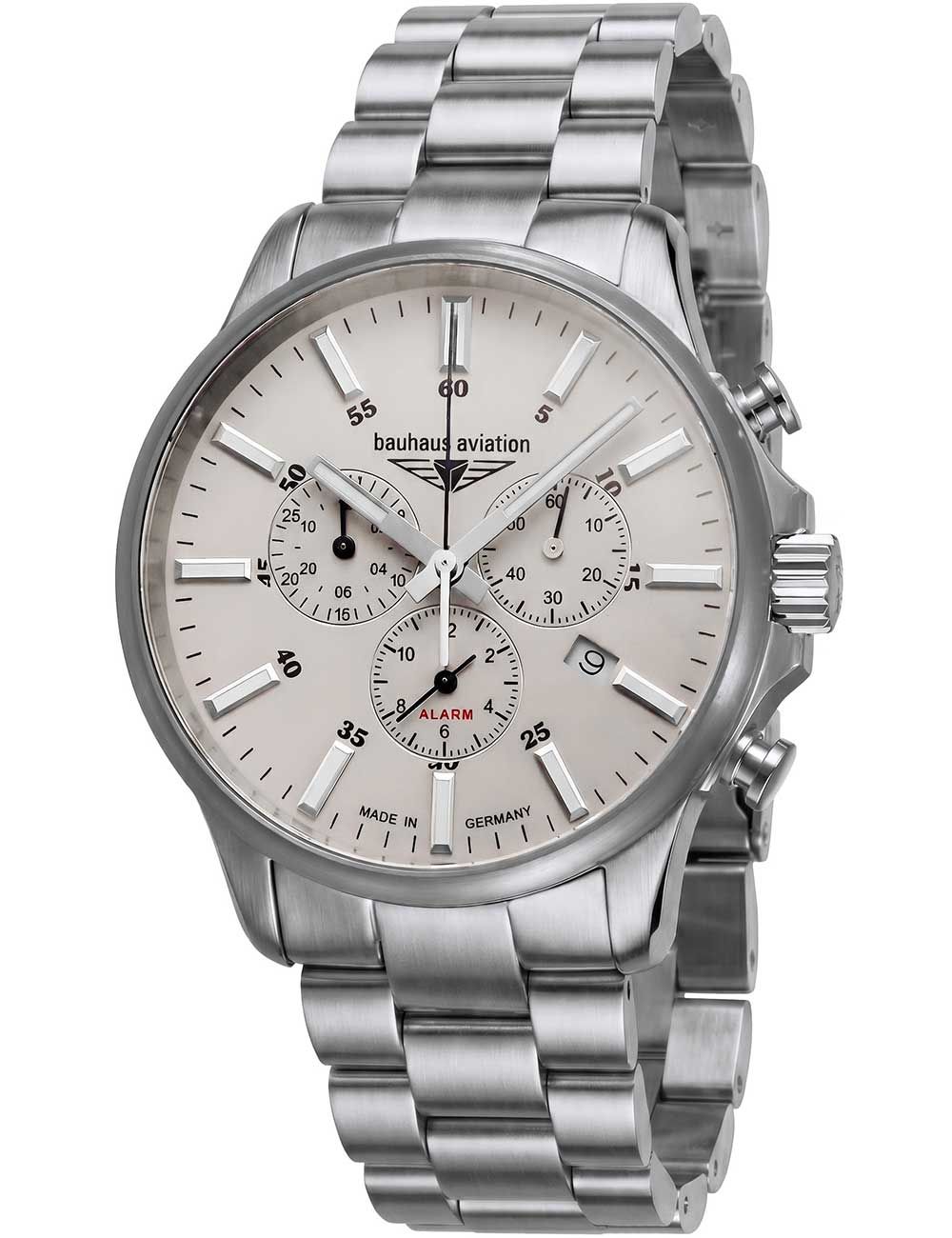 Bauhaus Herrenuhr mit Titanarmband und weißem Zifferblatt, Chronograph-Details