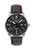 Herrenarmbanduhr mit braunem Lederband, schwarzem Zifferblatt und silbernem Gehäuse, GMT