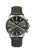 Herrenarmbanduhr: silbernes Gehäuse, grünes Lederband, dunkles Zifferblatt, Chronograf
