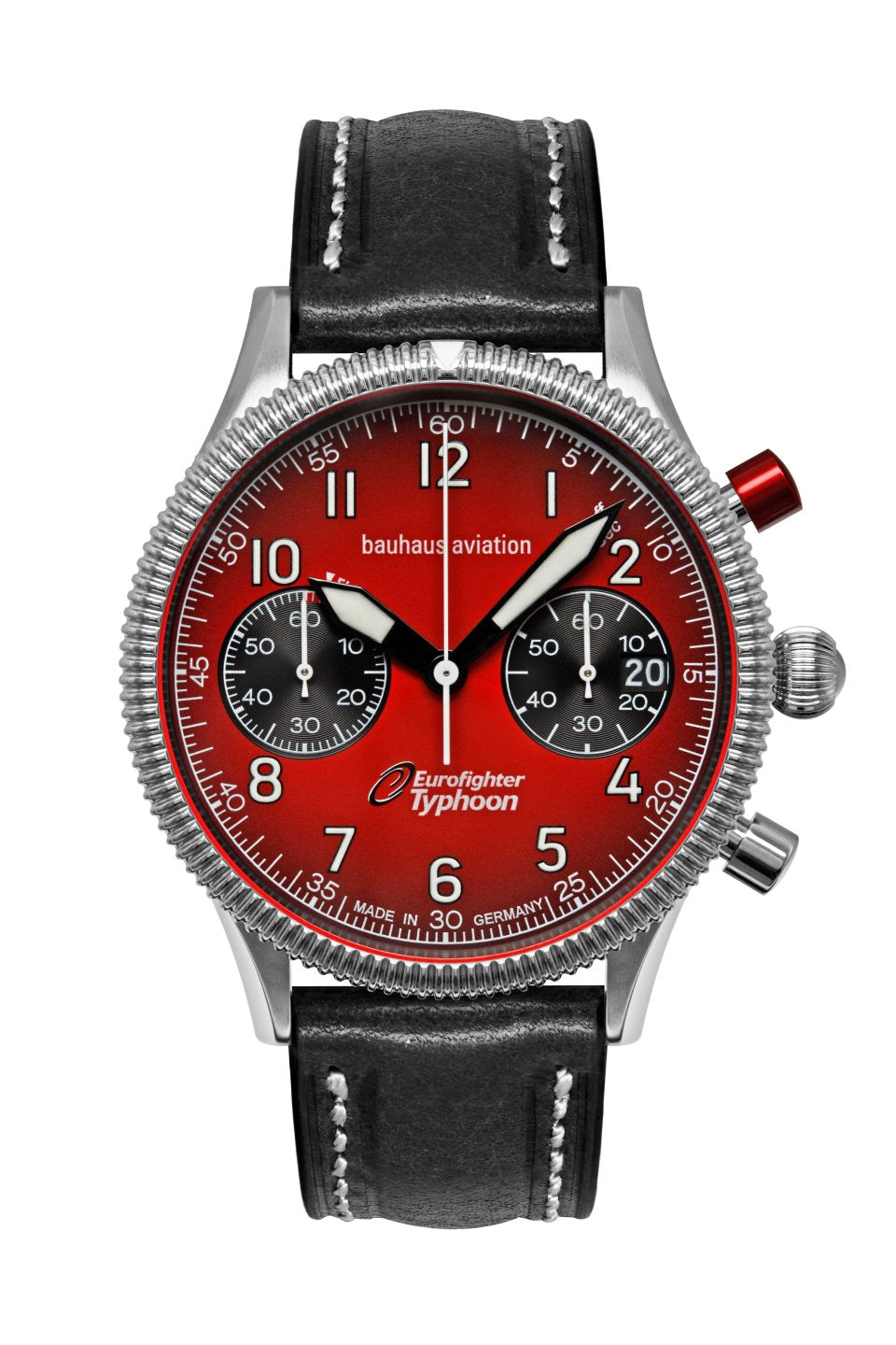 Bauhaus Aviation Armbanduhr mit rotem Chronograph-Zifferblatt, schwarzem Lederband