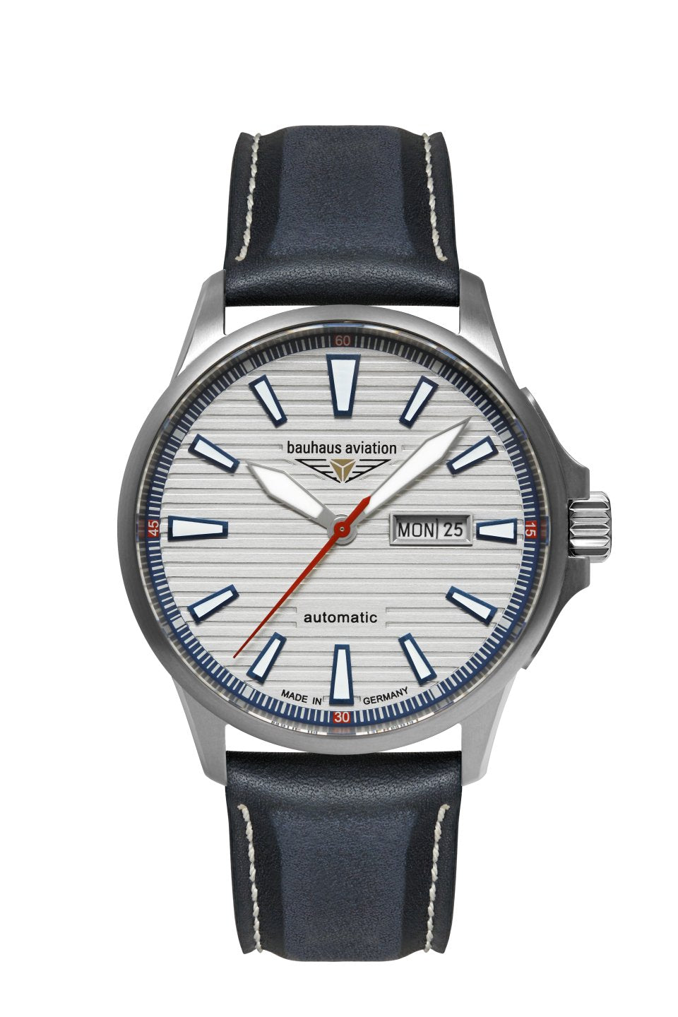 Herrenuhr mit blauem Zifferblatt, schwarzem Lederband, Automatik, Datumsfenster