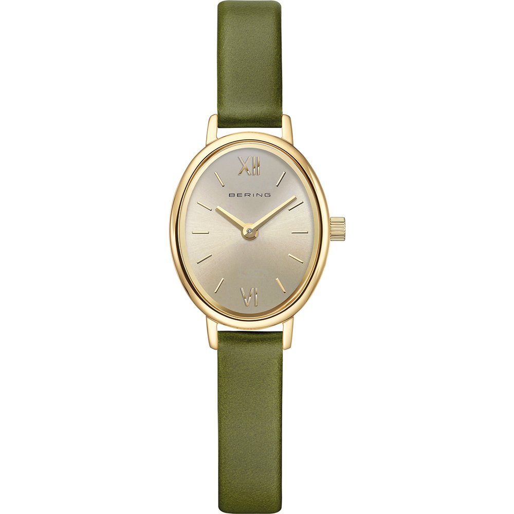 Bering Damenarmbanduhr mit grünem Lederarmband, goldfarbener Gehäuse und beigem Zifferblatt