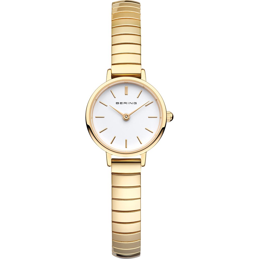Bering Damenuhr mit rundem weißem Zifferblatt und goldfarbenem Metallarmband