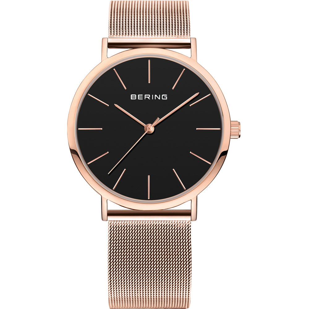 Damenarmbanduhr mit schwarzem Zifferblatt und roségoldfarbenem Milanaise-Mesh-Armband