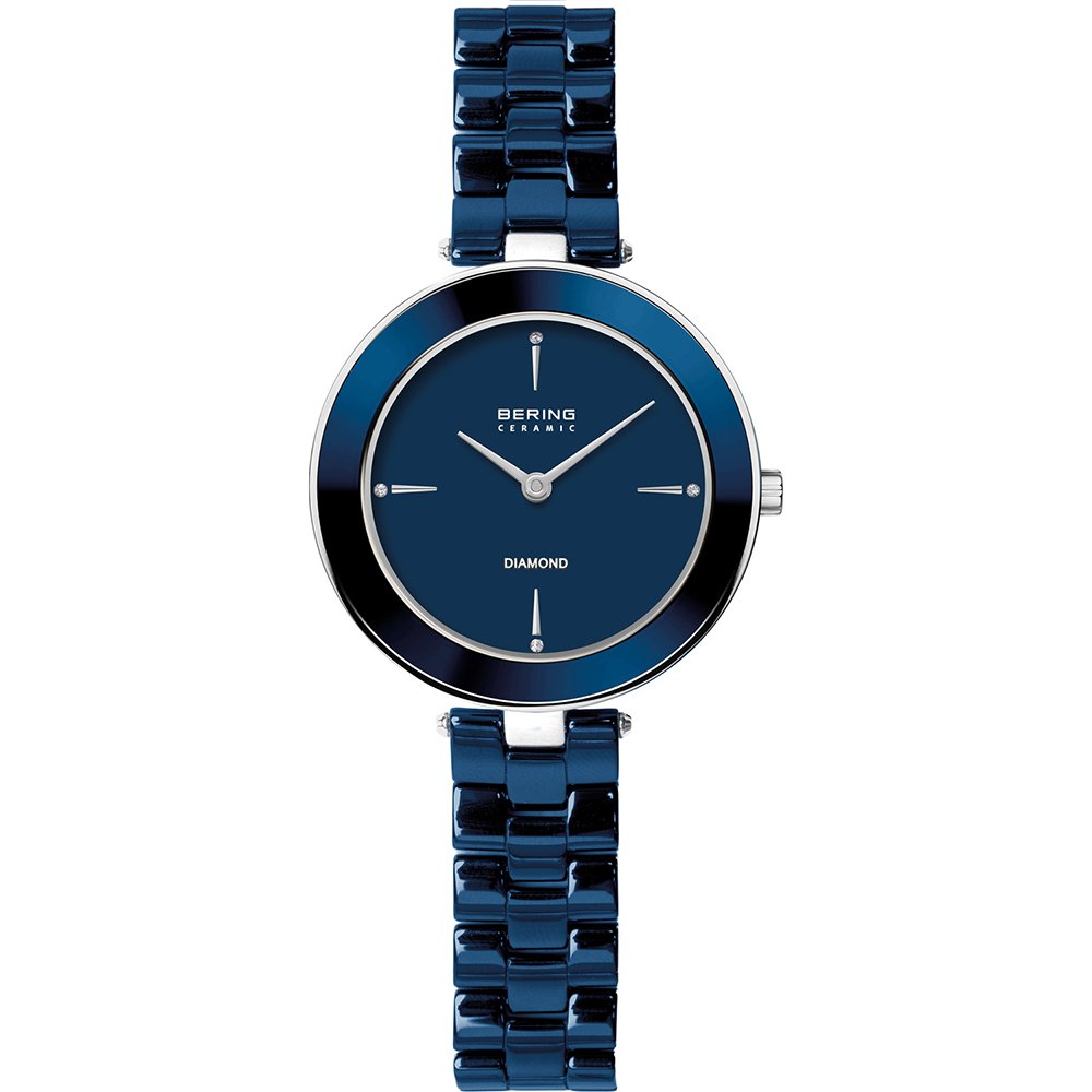 Runde Damenarmbanduhr mit blauem Zifferblatt und blauem Keramikarmband, silbernes Gehäuse